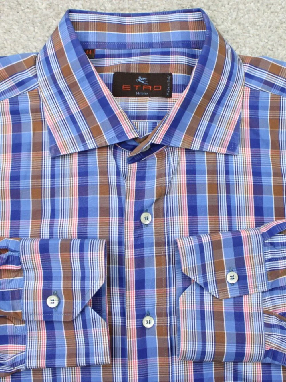 ETRO Milano Shirt Mens 44, XL Blue/Pink Check 100% Cotton Long Sleeve Button